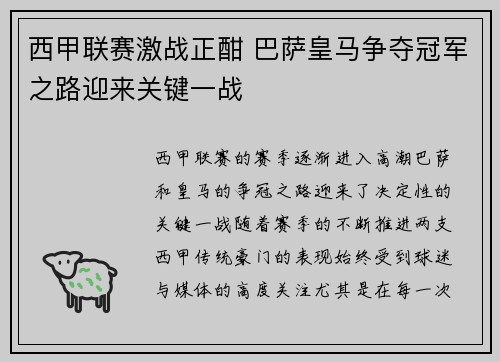 西甲联赛激战正酣 巴萨皇马争夺冠军之路迎来关键一战