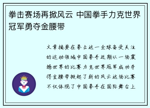 拳击赛场再掀风云 中国拳手力克世界冠军勇夺金腰带