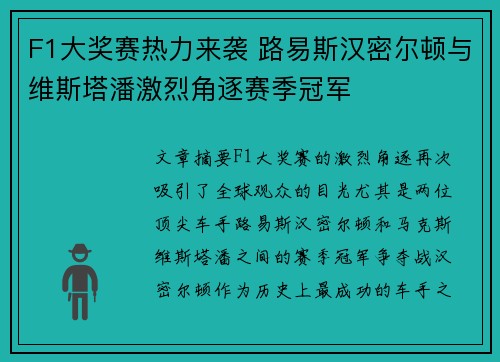 F1大奖赛热力来袭 路易斯汉密尔顿与维斯塔潘激烈角逐赛季冠军