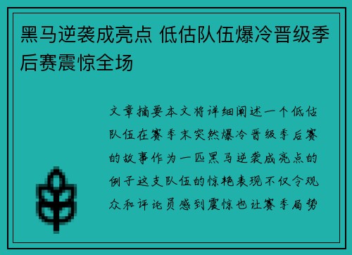 黑马逆袭成亮点 低估队伍爆冷晋级季后赛震惊全场
