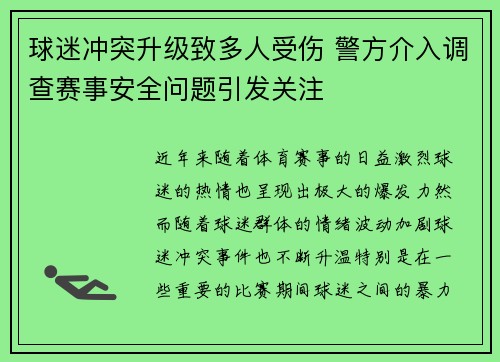 球迷冲突升级致多人受伤 警方介入调查赛事安全问题引发关注
